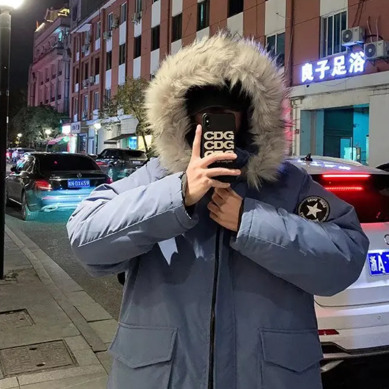 Mens winterproof parka jacket with detachable faux fur collar