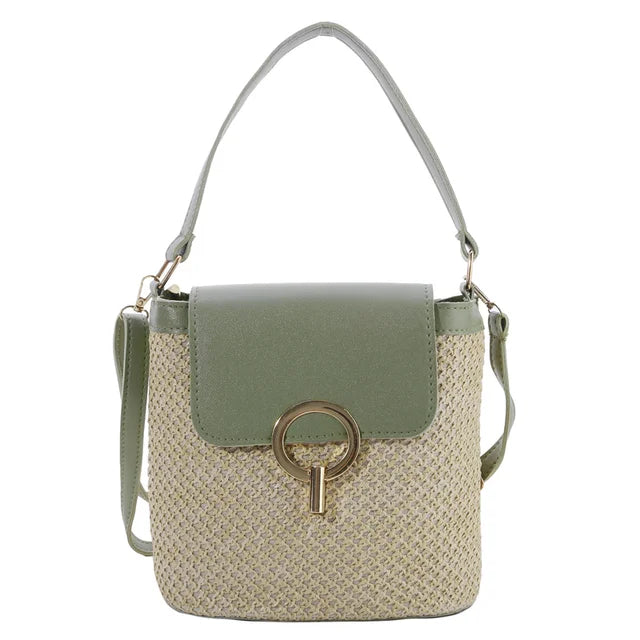 Ladies straw woven beach bag with metal fastening and PU strap