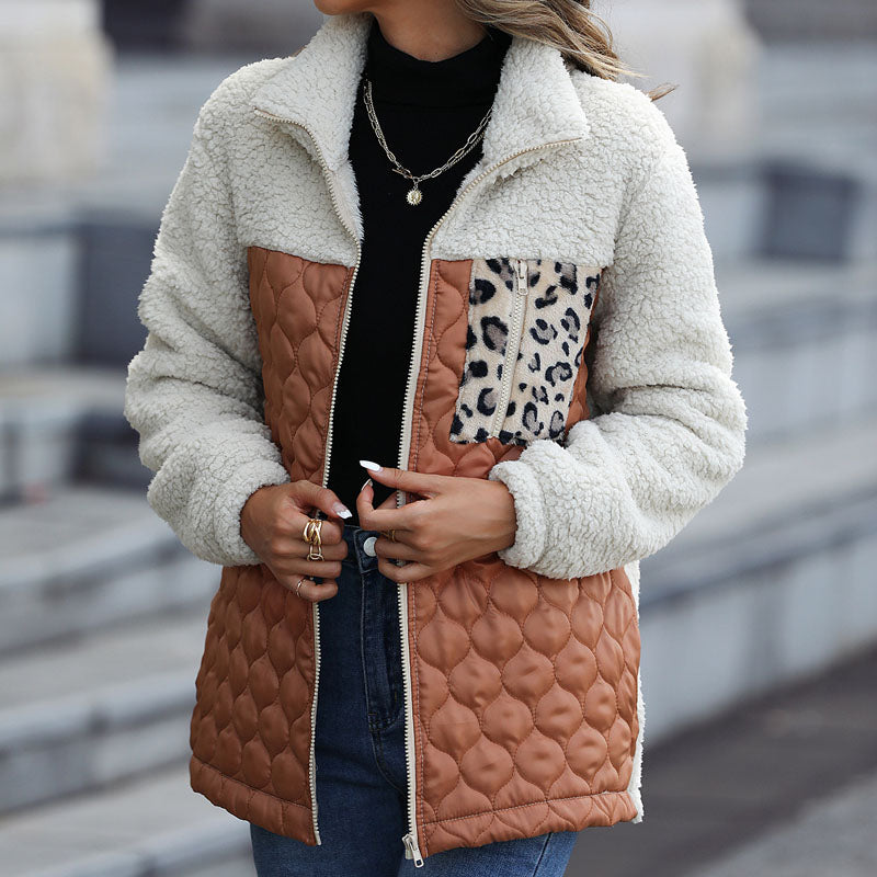 Plush coat with leopard print