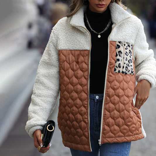 Plush coat with leopard print