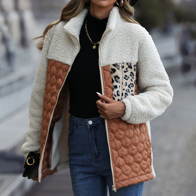 Plush coat with leopard print