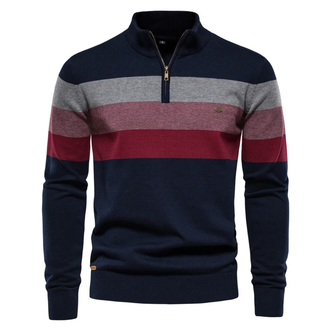 Striped knitted pullover with zip and stand-up collar