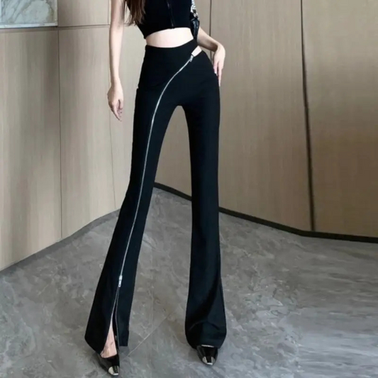 Women's Flared Trousers with Asymmetric Zip and High Waist