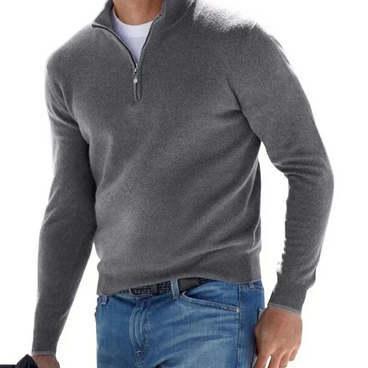 Classic knitted pullover with zip and stand-up collar