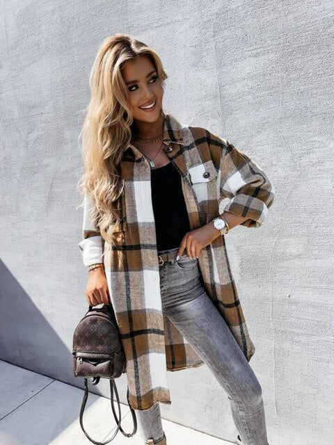 Women's Chequered Coat - Slim Fit - Trendy Fashion Outerwear - Stylish Winter Jacket