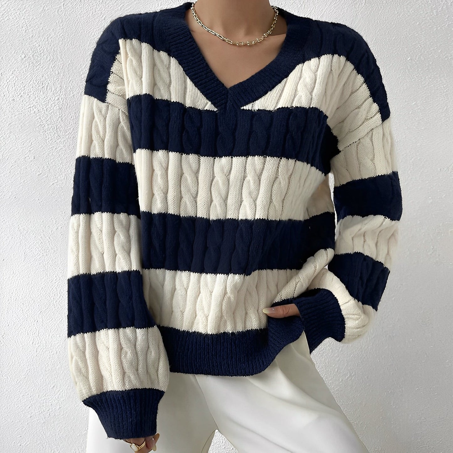 Women's Jumper - V-Neck Striped Long Sleeve - Comfortable and Stylish Knitwear