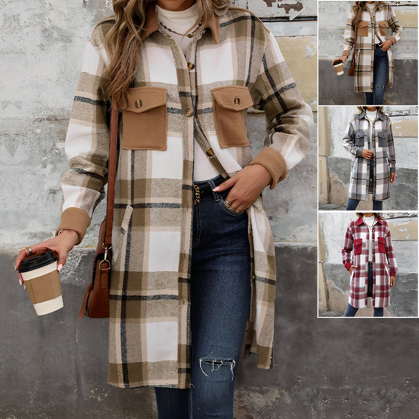 Women - Checked Coat - Woollen - Stylish Warm Outerwear for Cold Weather