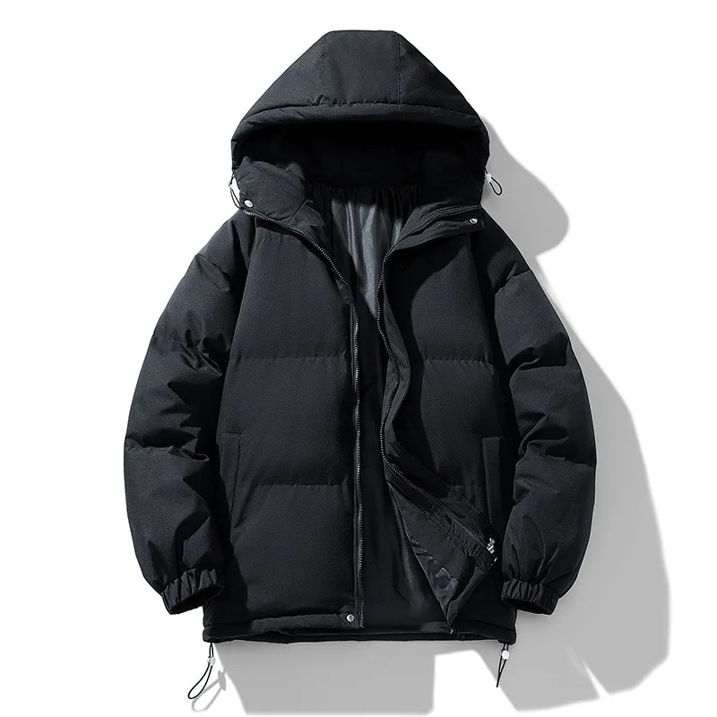 Men's puffer jacket with large hood and adjustable hem