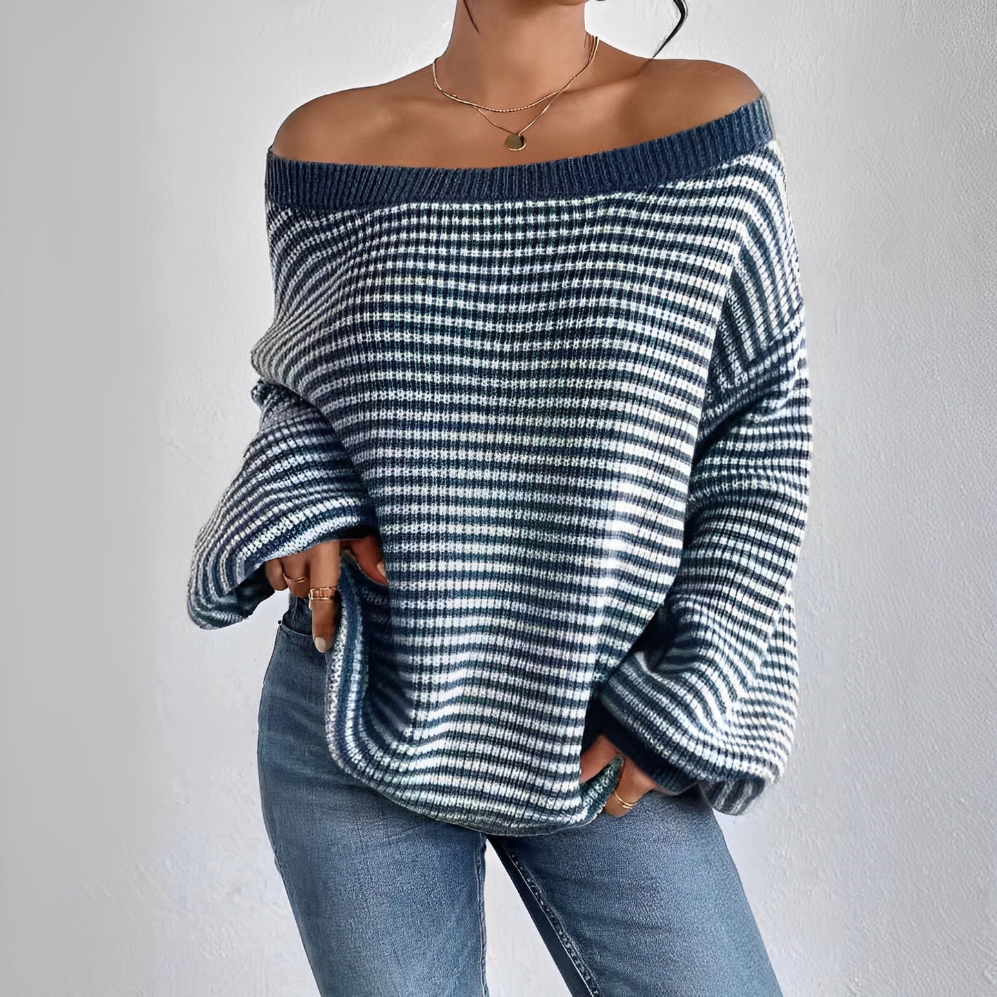 Women's Off-Shoulder Jumper - Contrasting Colour - Stylish Knitwear for Trendy Outfits