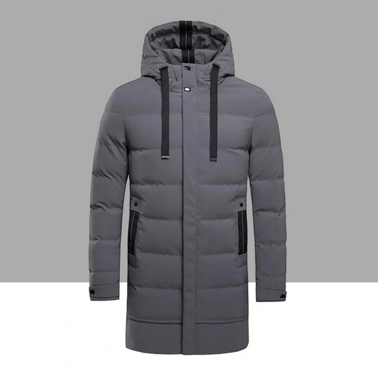 Men's puffer jacket with hood and zip front