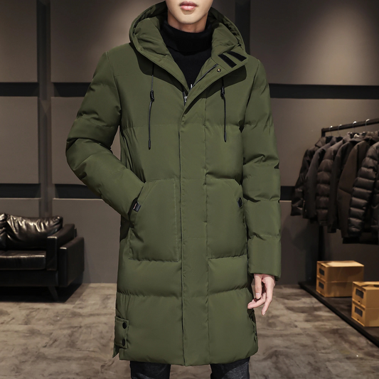 Puffer jacket men long with hood and practical pockets