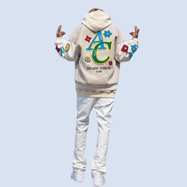 Embroidered hoodie with colourful lettering design