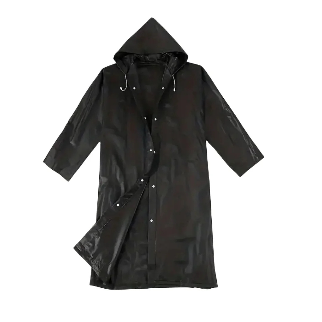 Men's long waterproof mackintosh with hood for outdoor use