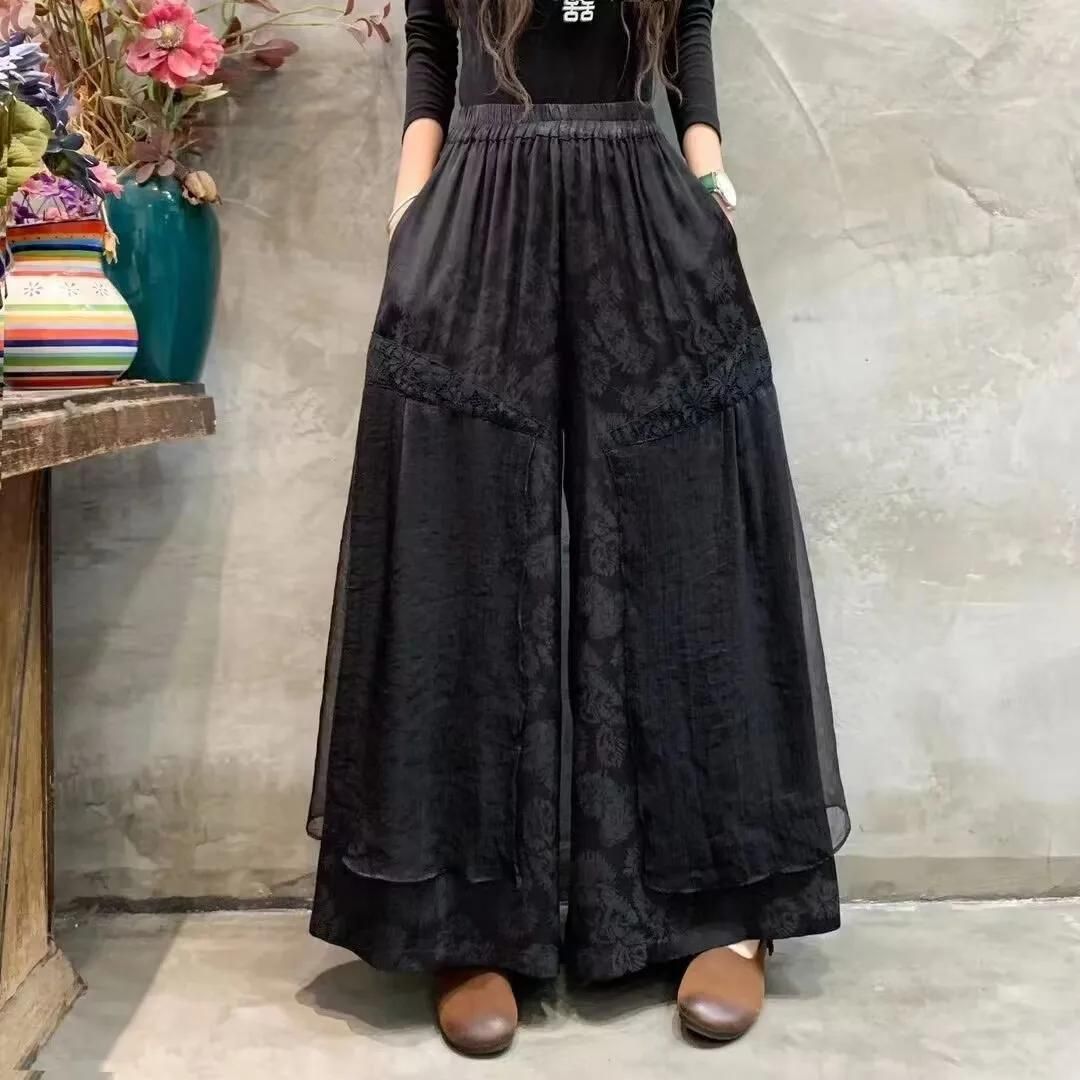 Boho trousers with wide leg and lace insert detail