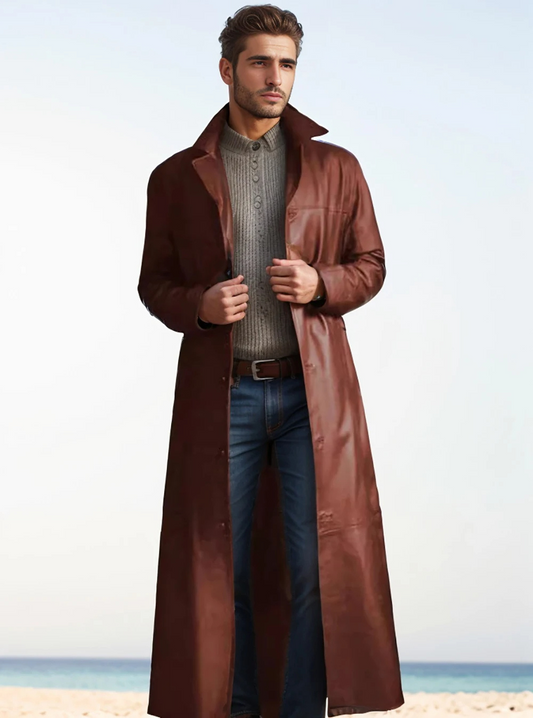 Long leather coat with classic lapels