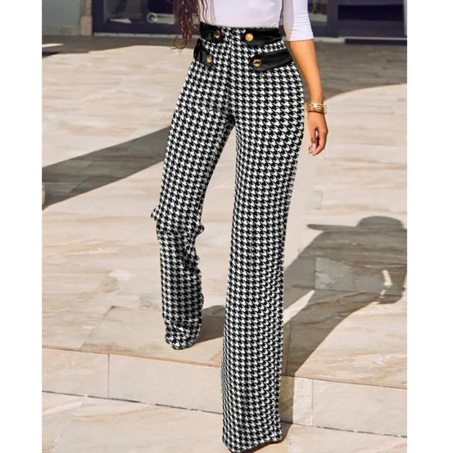 Women's Checkered Flared Trousers with High Waist and Buttons