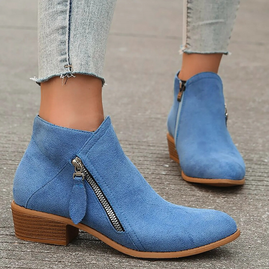 Women's Suede Ankle Boots with Zipper and Low Heel