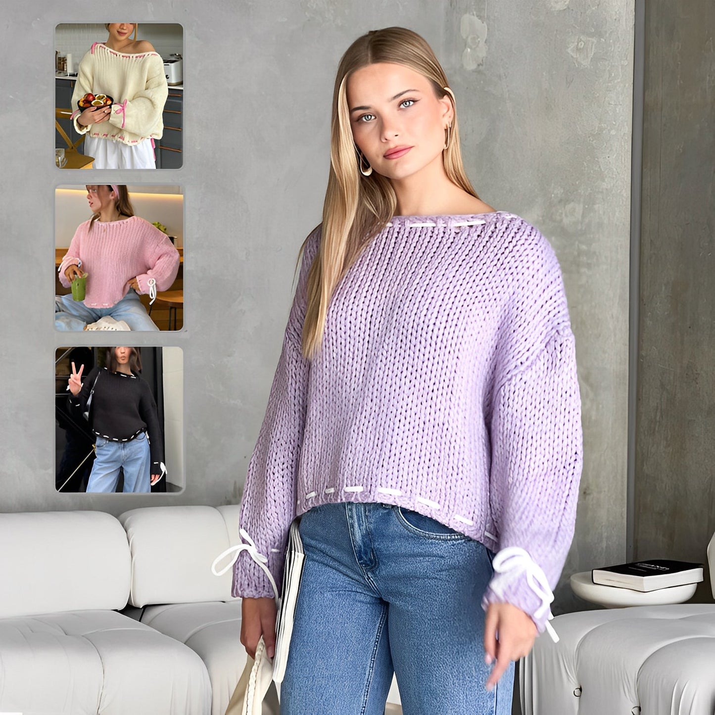 Women's Jumper - Cozy Knit with Elegant Bow Detail - Stylish and Comfortable