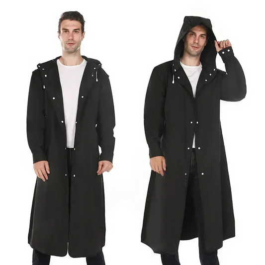 Men's long waterproof mackintosh with hood and press studs