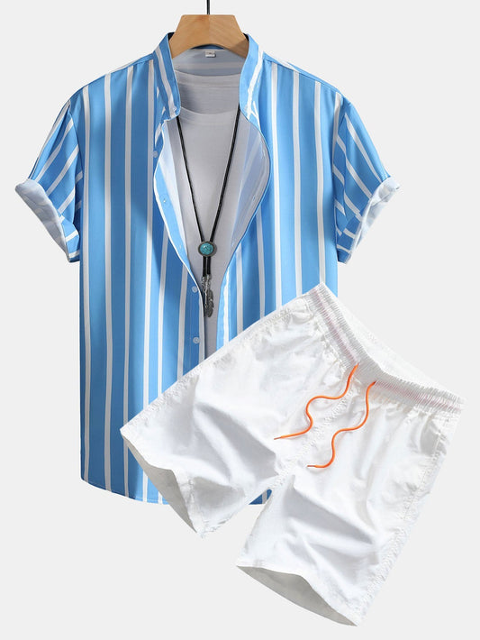 Striped Button Up Stand Collar Shirt & Man Mid Length Drawstring Swim Shorts