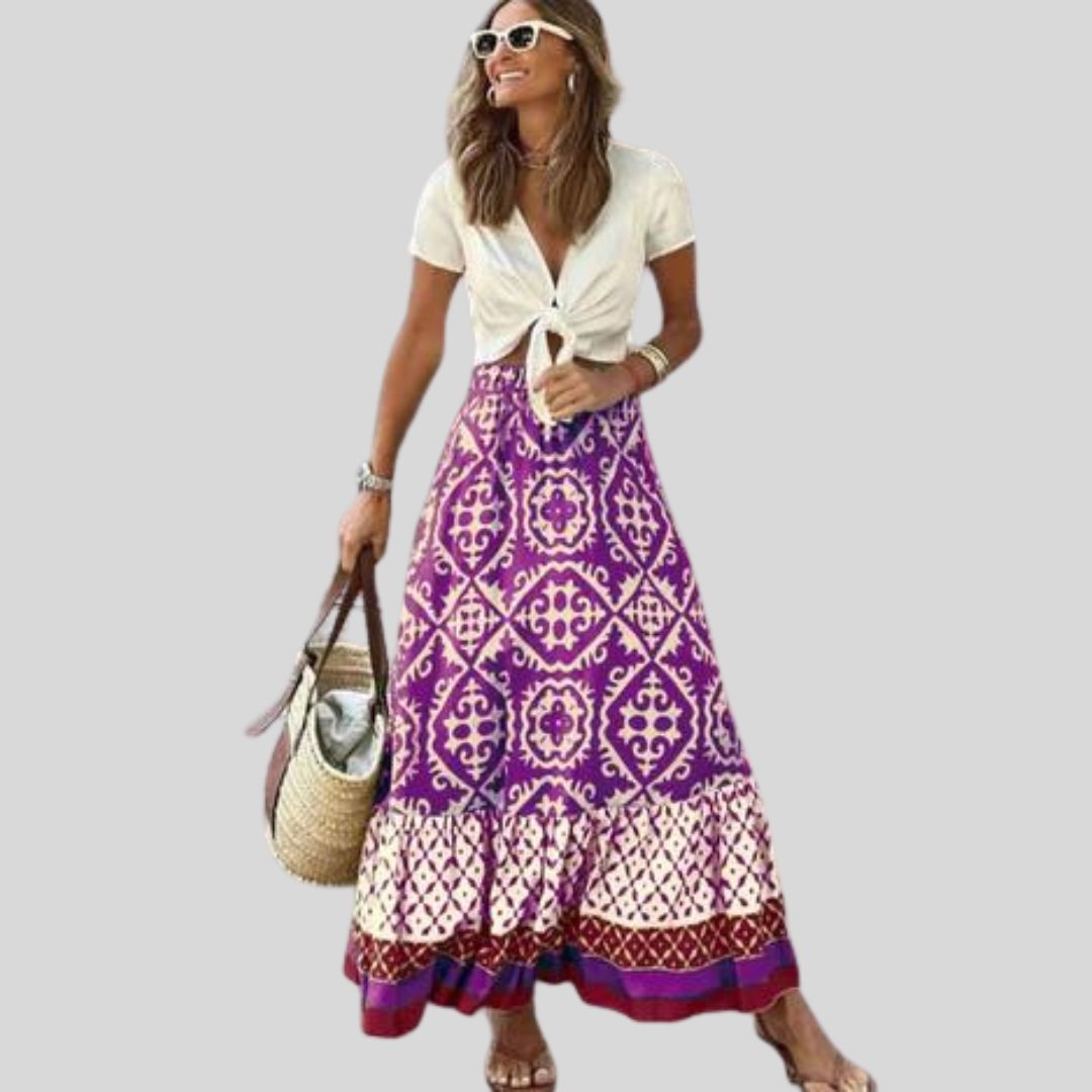 Maxi skirt with ethnic pattern and ruffled hem