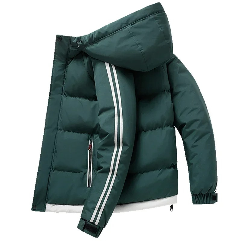 Puffer jacket with hood and contrasting stripes