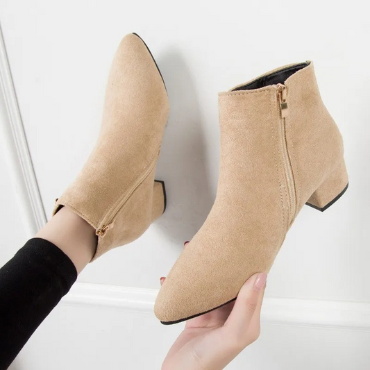 Suede Ankle Boots with Side Zip and Block Heel