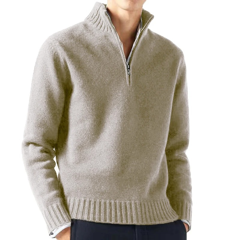 Warm knitted pullover with zip and stand-up collar