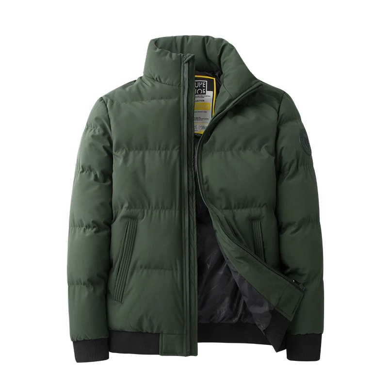 Men's puffer jacket with stand-up collar and zip side pockets