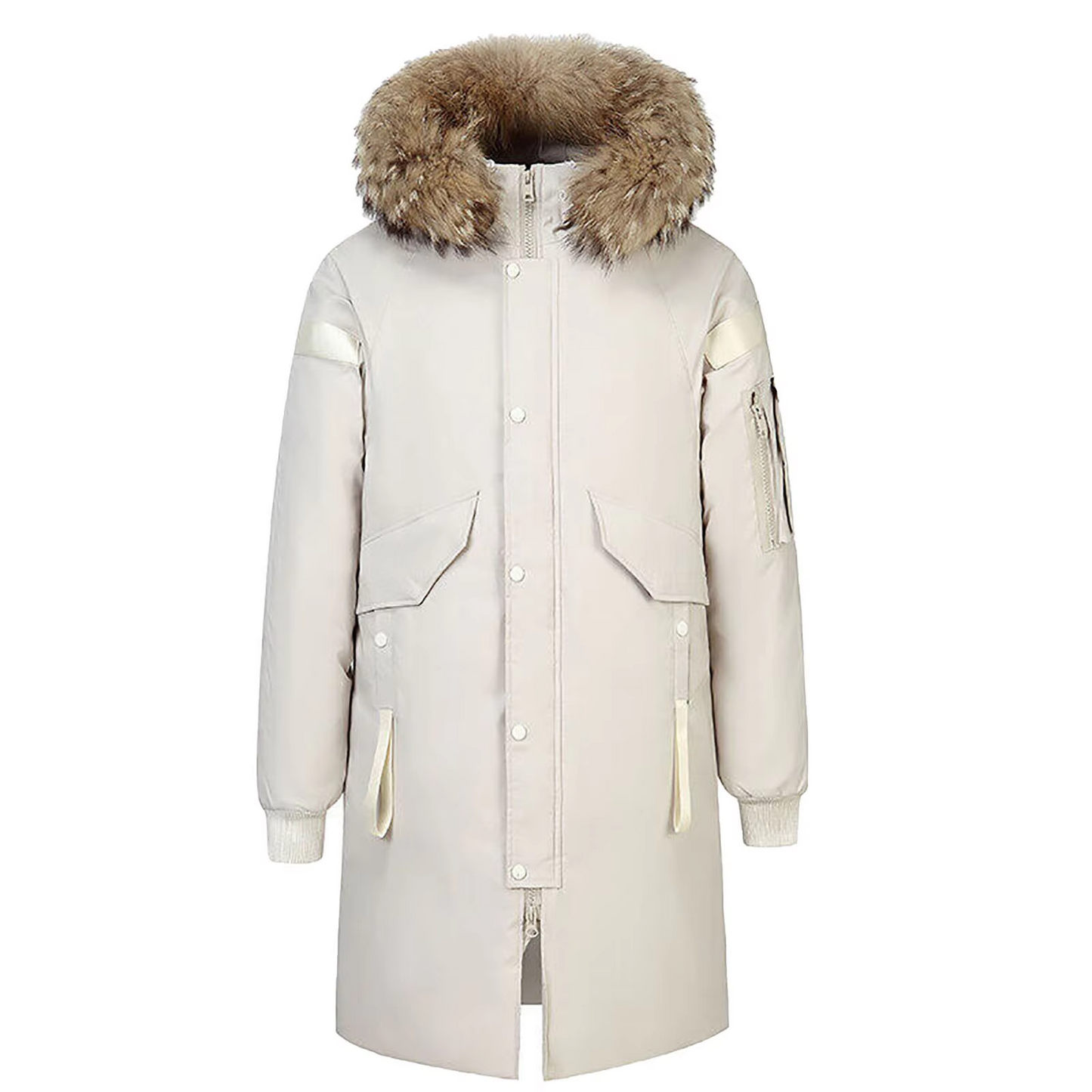 Winter jacket with fur hood and button fastening