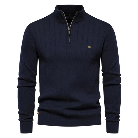 Ribbed knitted pullover with zip and stand-up collar