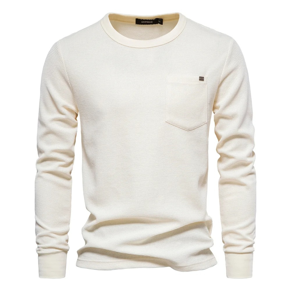 Men's jumper in waffle knit, long sleeve round neck with breast pocket