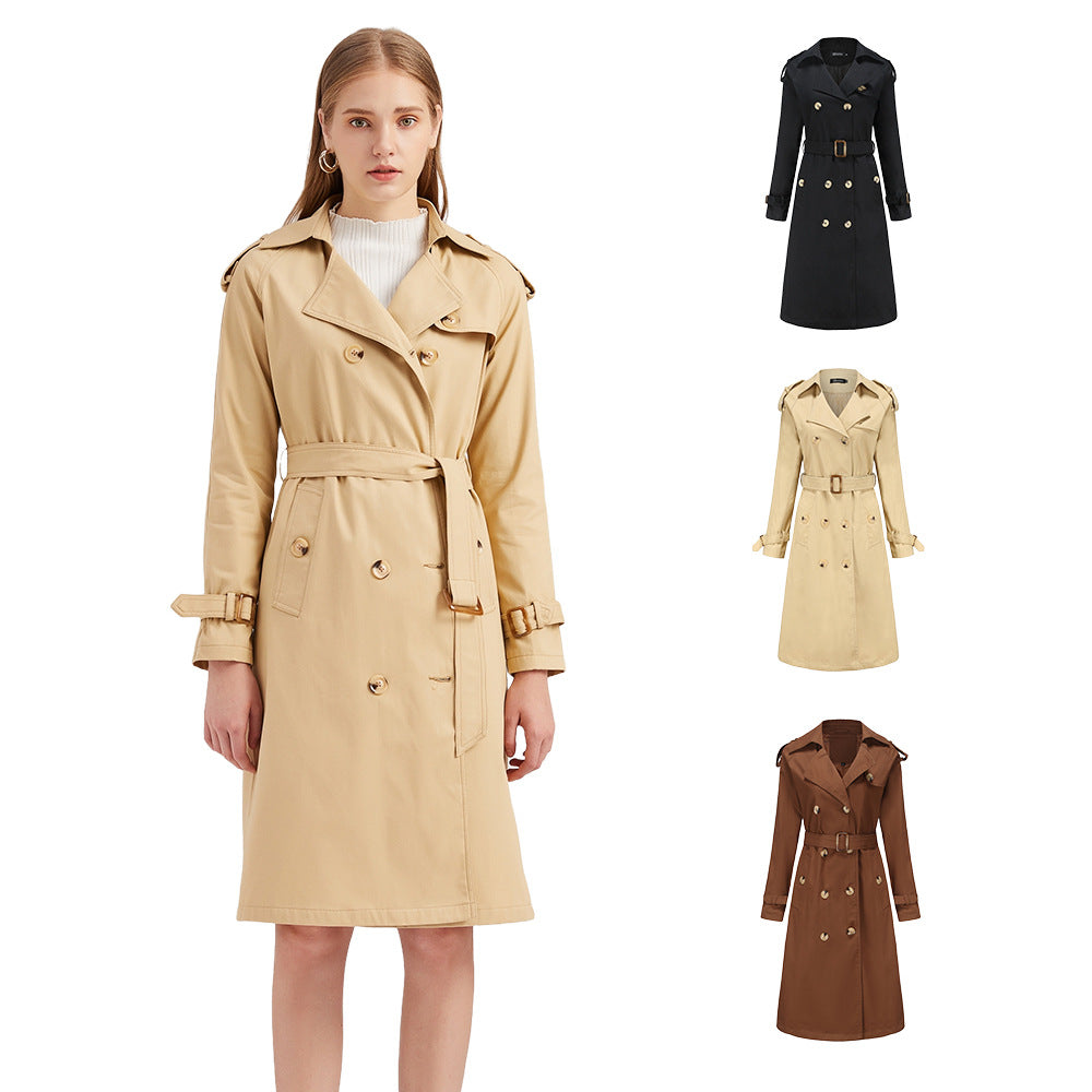 Women - Winter Trench Coat - Cotton with Waist Belt - Stylish Warm Outerwear for Cold Weather