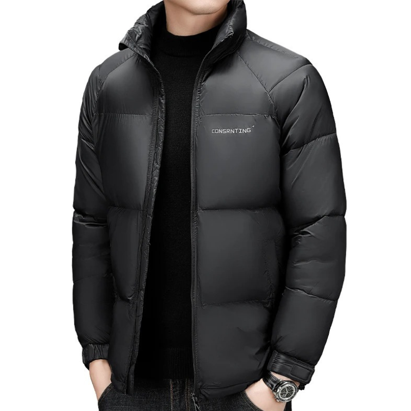 Men's puffer jacket with high collar and logo details