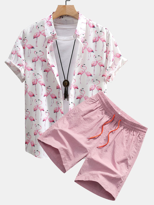 Flamingo Print Button Up Shirt & Swim Shorts