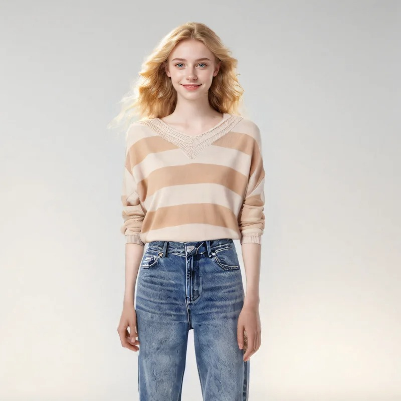 Trendy Striped Women's Sweater with Loose Fit - V-Neck Design