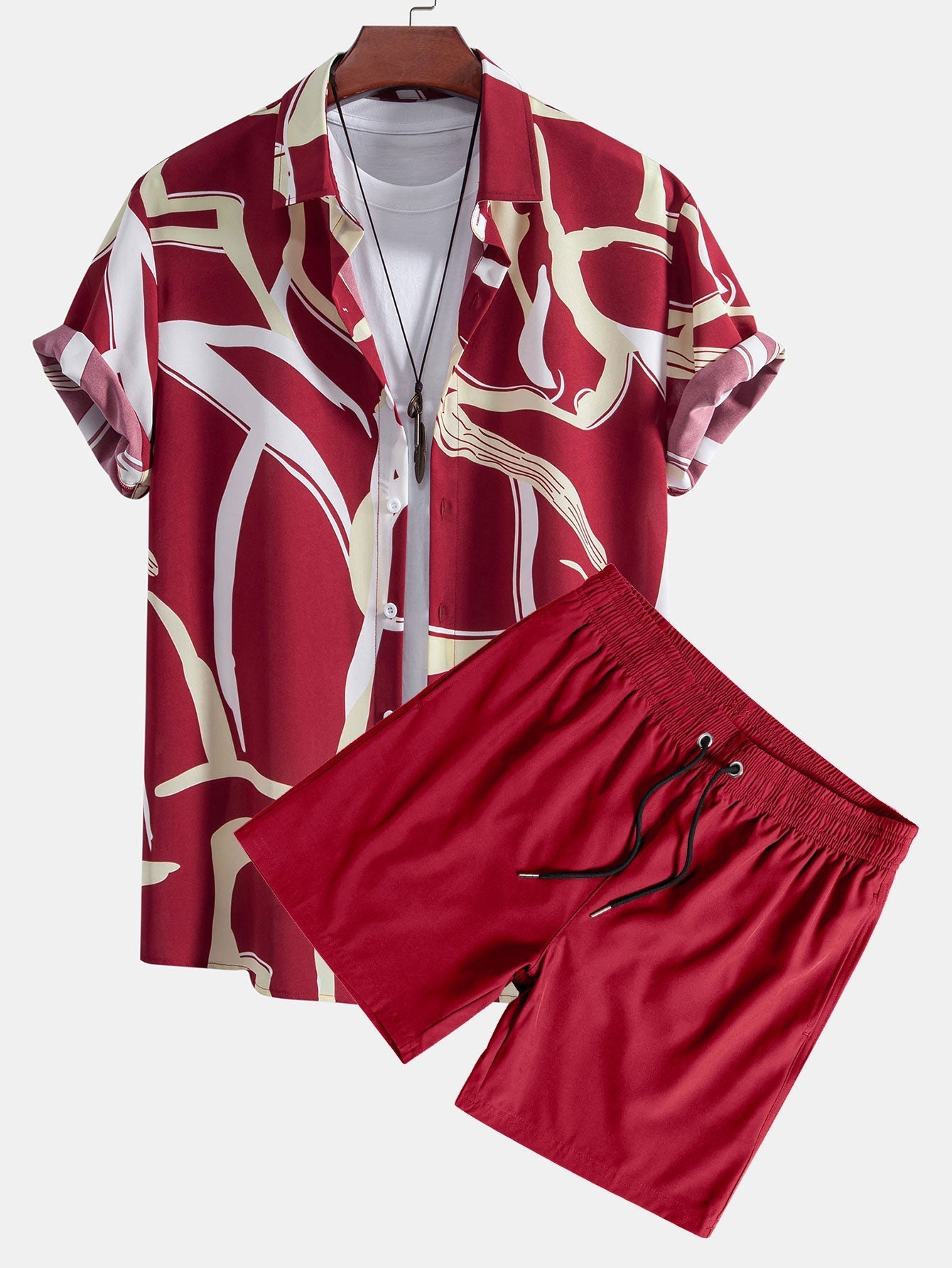 Abstract Print Button Up Shirt & Solid Drawstring Swim Shorts