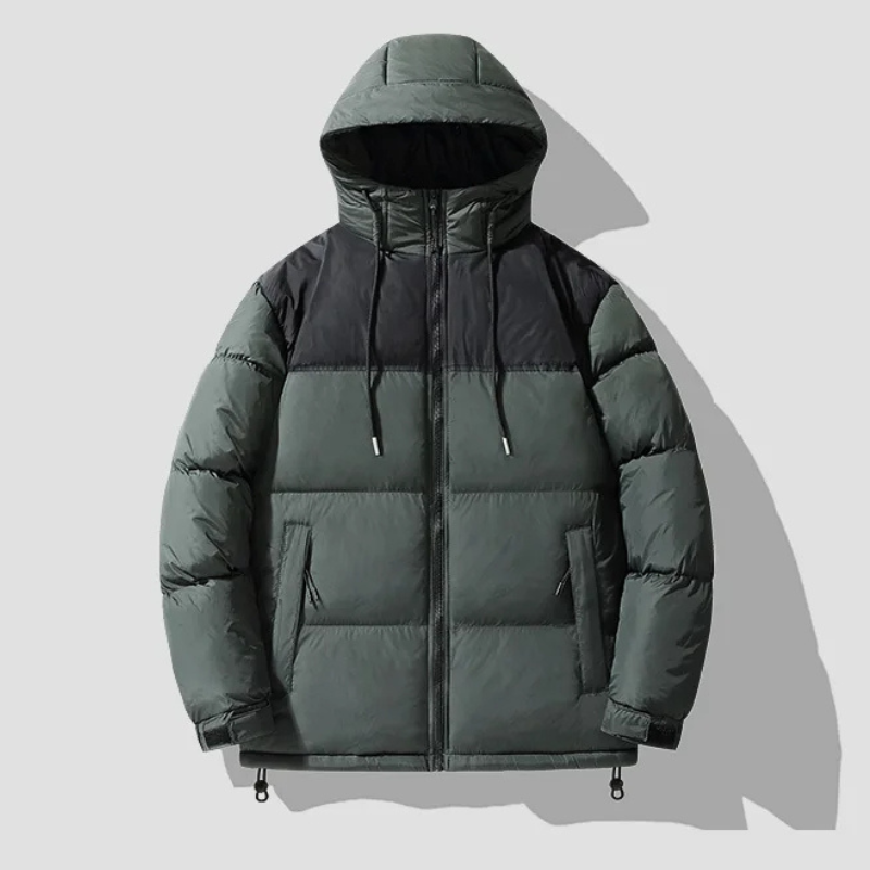 Men's puffer jacket with large hood and zip pockets