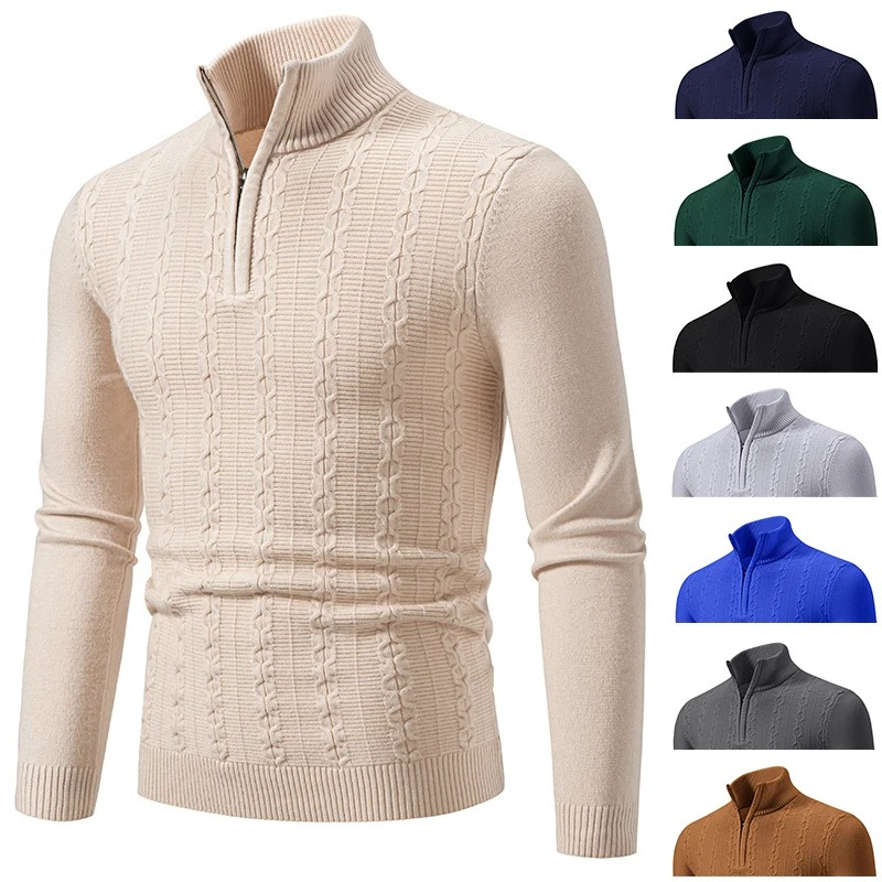 Knitted pullover with zip and cable pattern