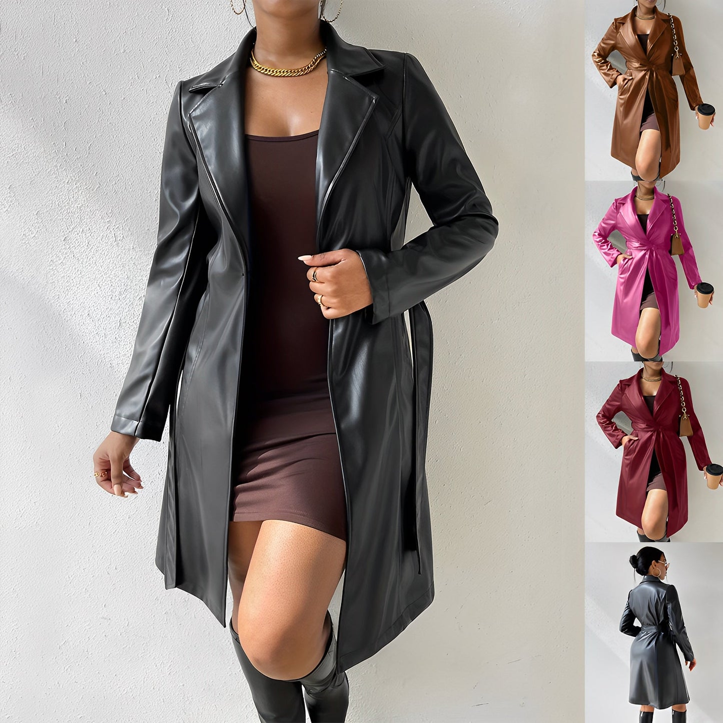 Women's Long Slim Fit Trench Coat - Elegant Leather Material - Stylish Outerwear for Every Occasion