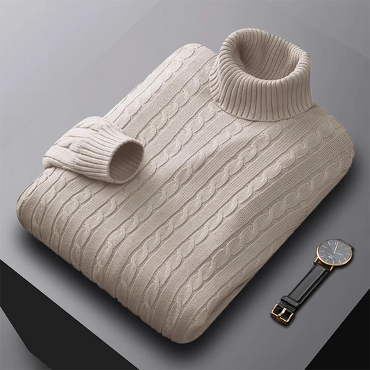 Warm turtleneck jumper with cable knit pattern