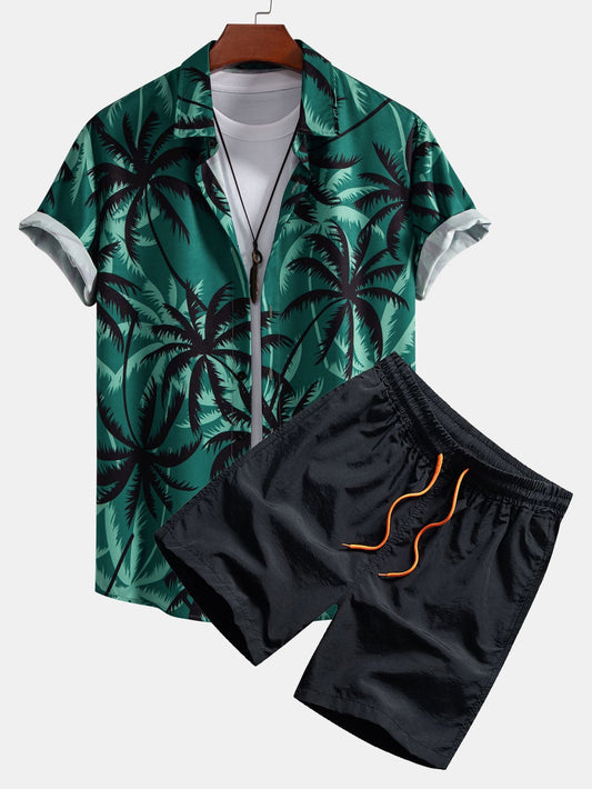 Palm Tree Print Button Up Shirt & Swim Shorts