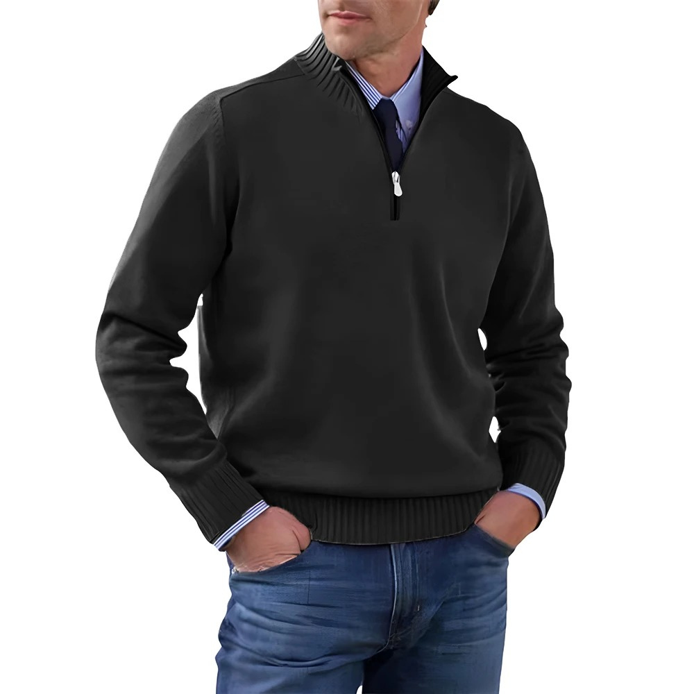 Elegant knitted pullover with zip and stand-up collar