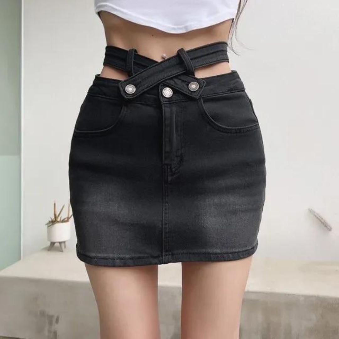 Modern denim skirt with cut-out waistband