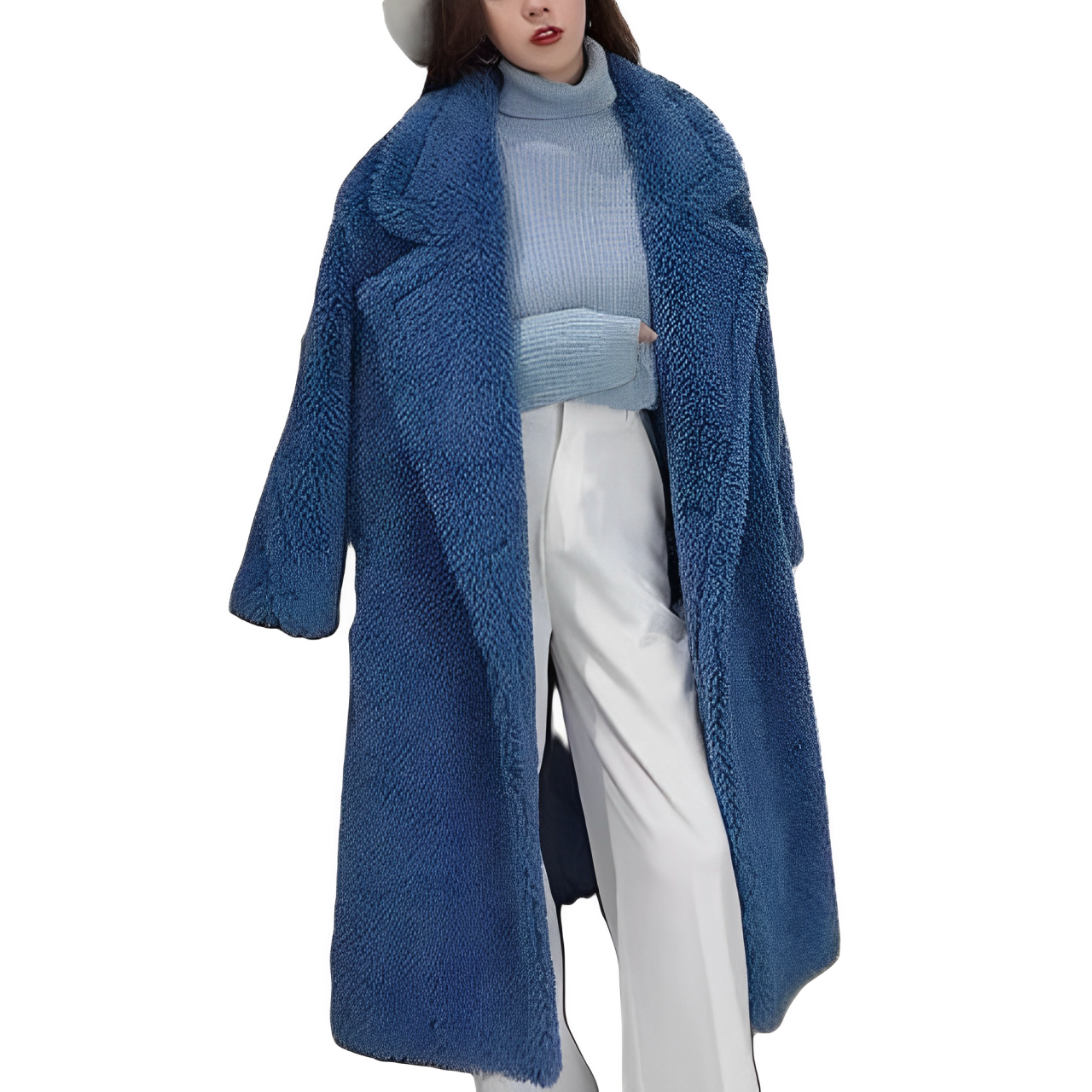 Women - Long Woollen Coat - Thick Fabric with Luxurious Fur - Stylish Winter Outerwear