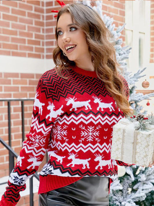 Women - Knitted Jumper - Cozy Festive Red with Reindeer Design - Holiday Sweater