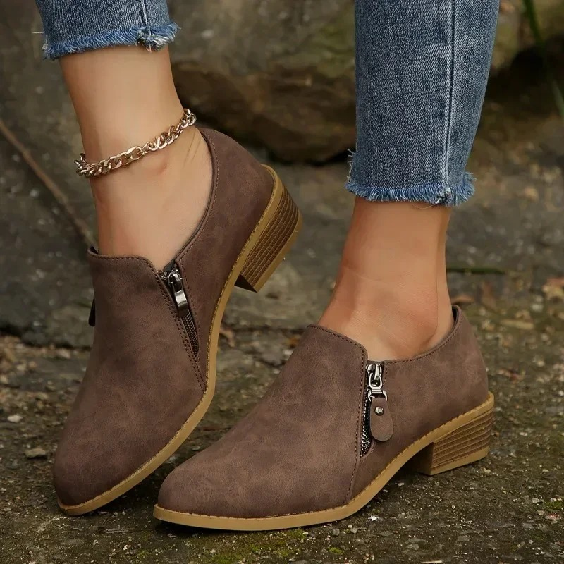 Casual Ankle Boots with Low Heel and Zip