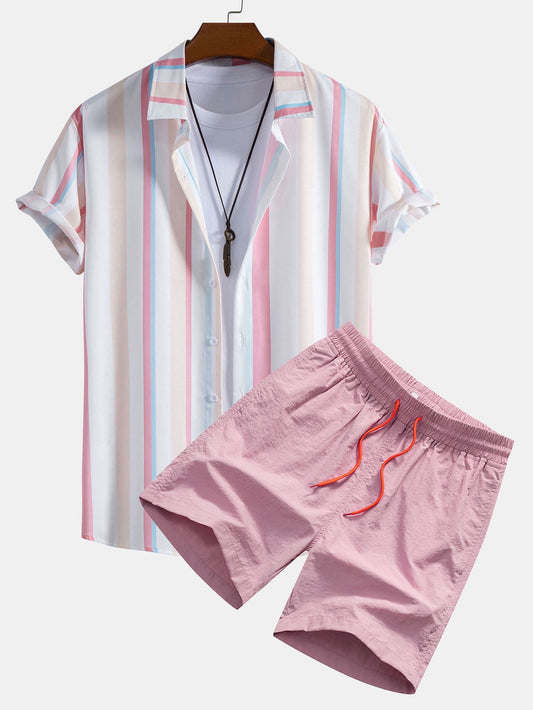 Colorful Striped Print Button Up Shirt & Swim Shorts