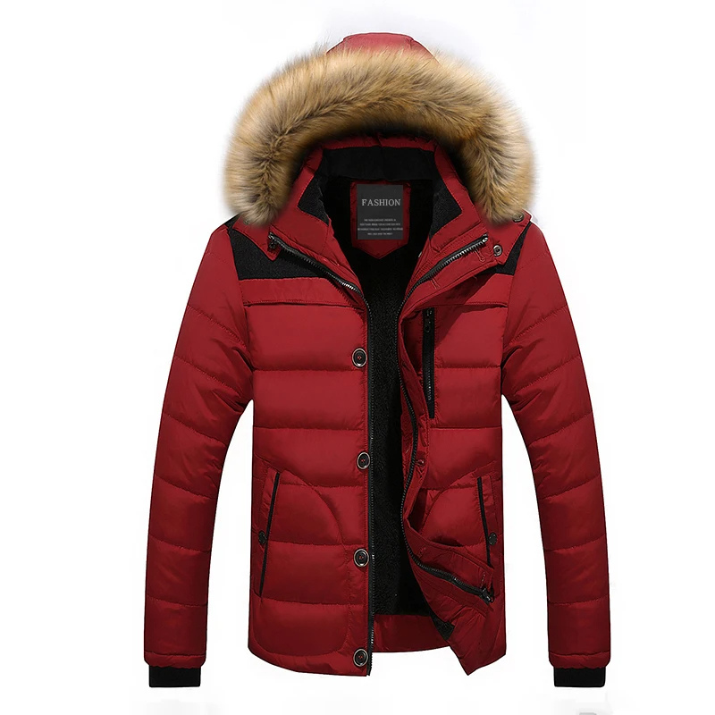 Men's parka winter jacket with detachable hood and button fastening