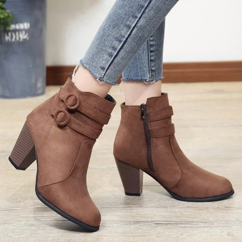 Women's Ankle Boots with Buckle Straps and Zip - Women's Ankle Boots